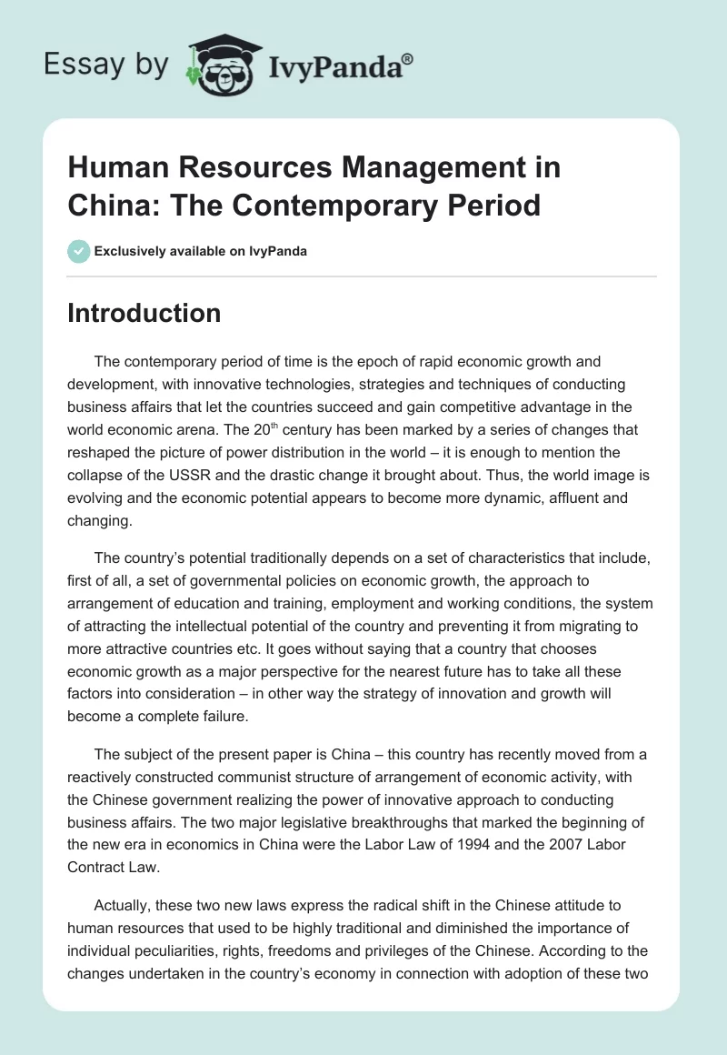 Human Resources Management in China: The Contemporary Period. Page 1