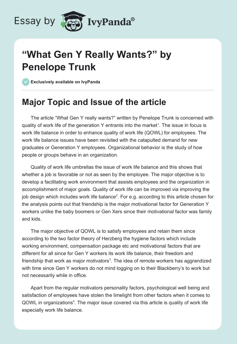 “What Gen Y Really Wants?” by Penelope Trunk. Page 1
