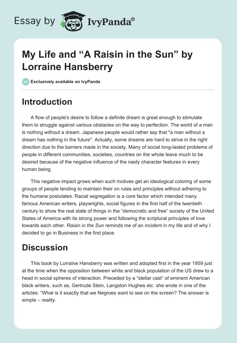 My Life and “A Raisin in the Sun” by Lorraine Hansberry. Page 1