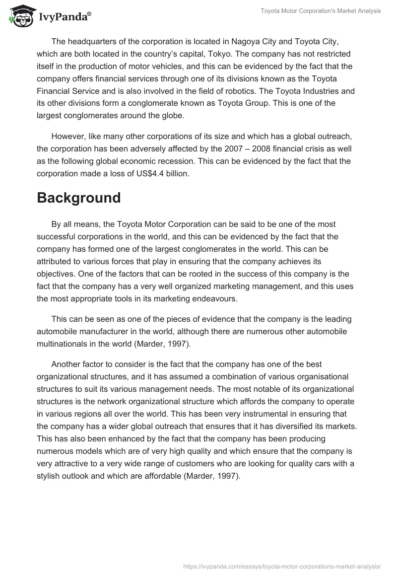 Toyota Motor Corporation's Market Analysis. Page 2
