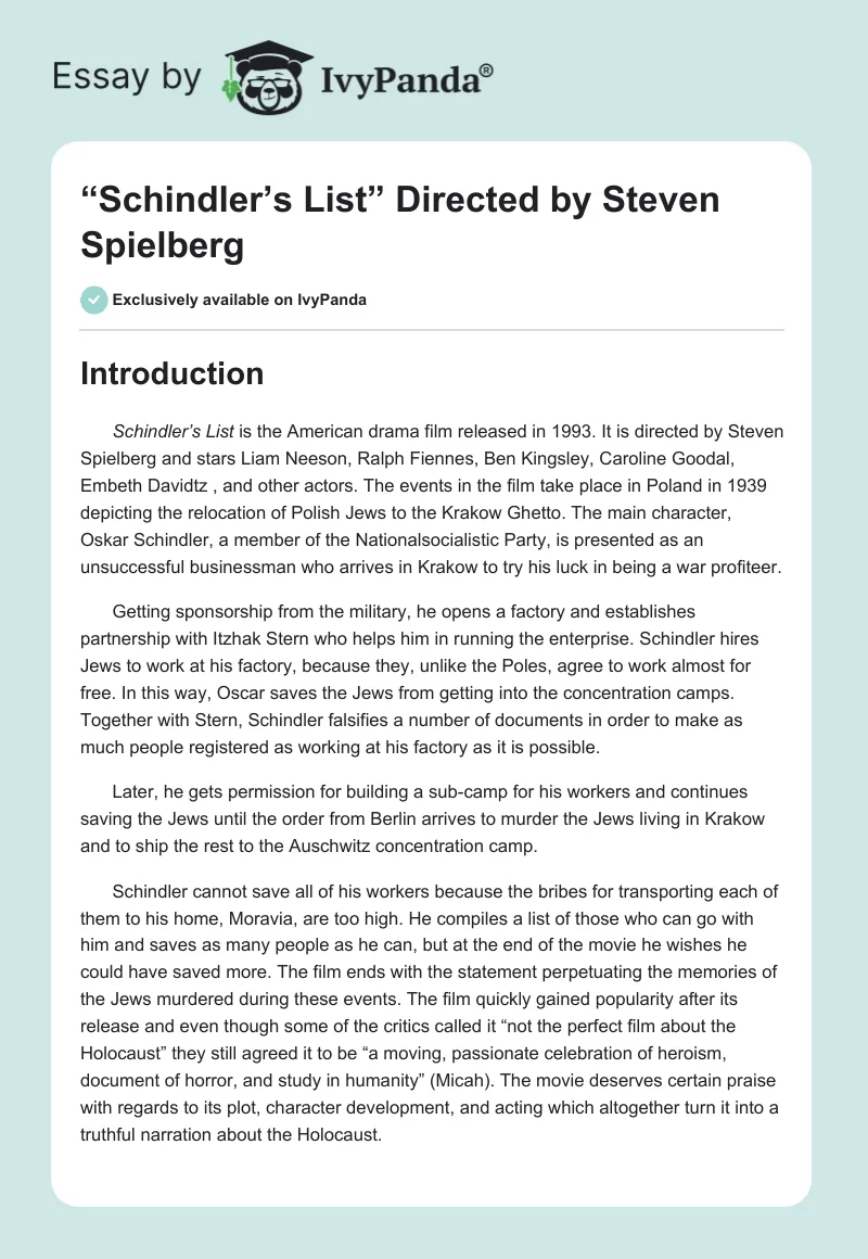 “Schindler’s List” Directed by Steven Spielberg. Page 1