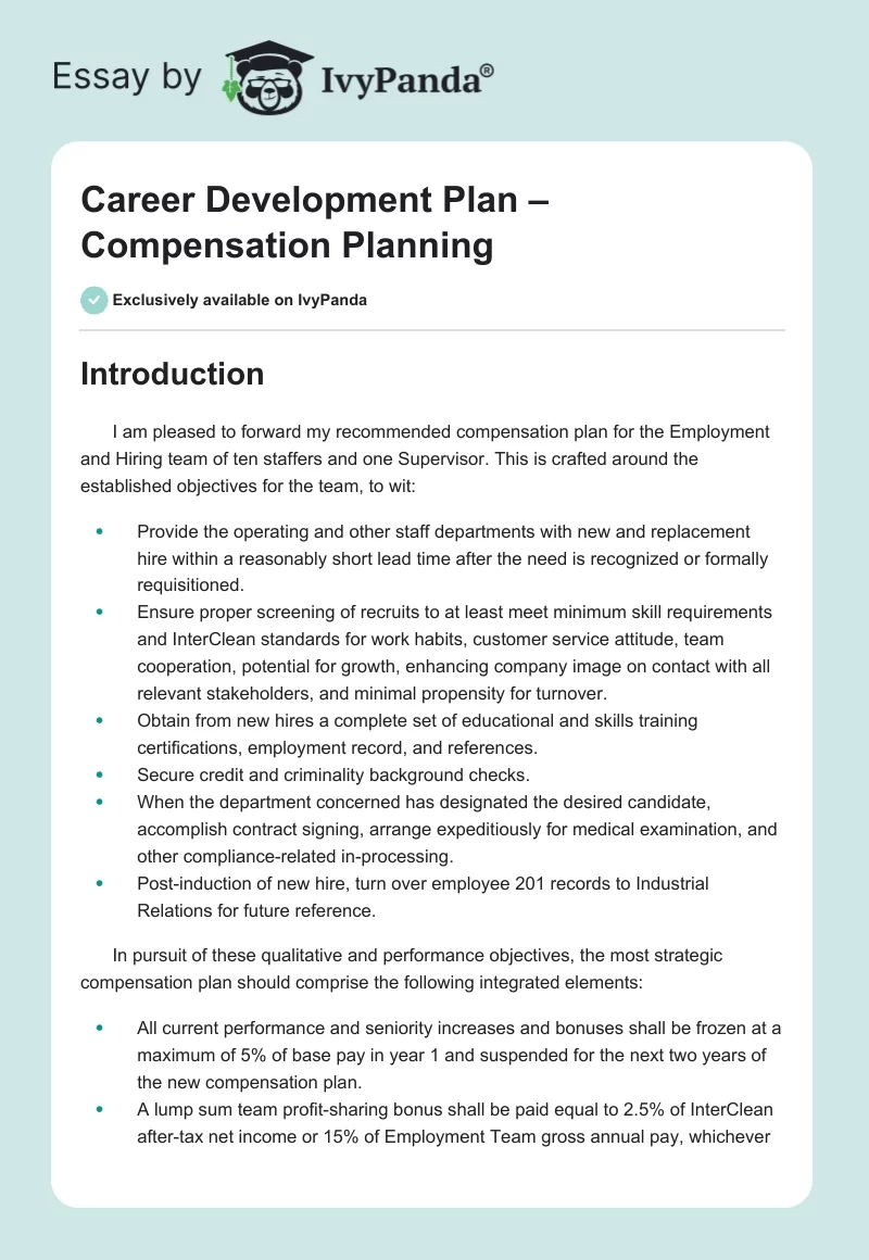 Career Development Plan – Compensation Planning. Page 1