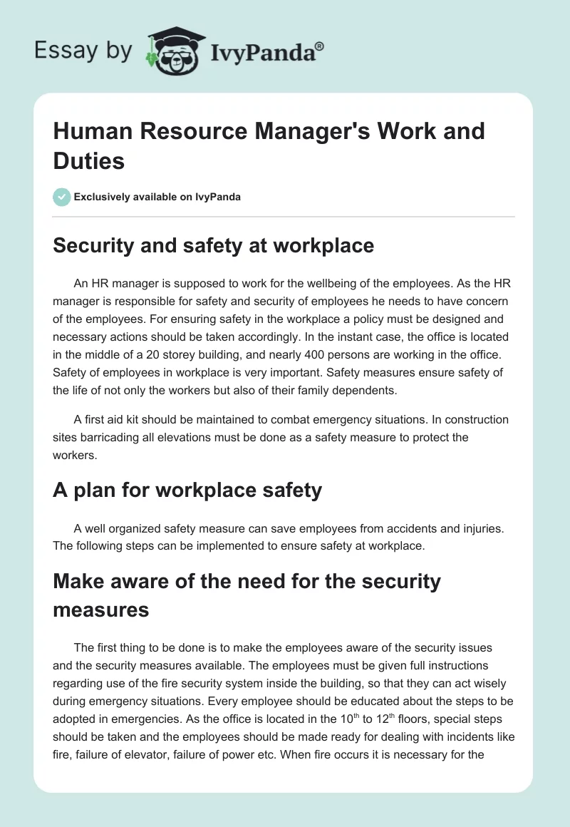 Human Resource Manager's Work and Duties. Page 1
