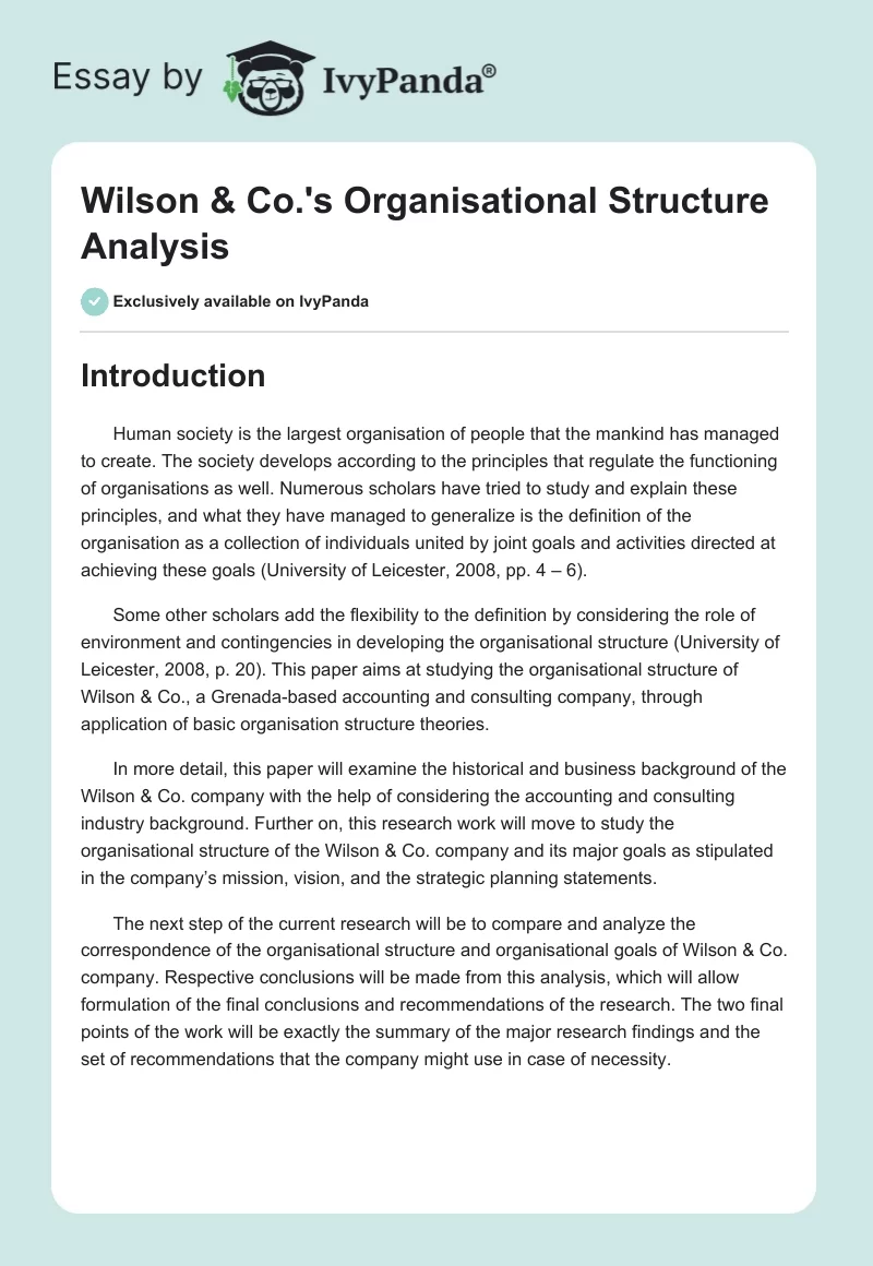 Wilson & Co.'s Organisational Structure Analysis. Page 1