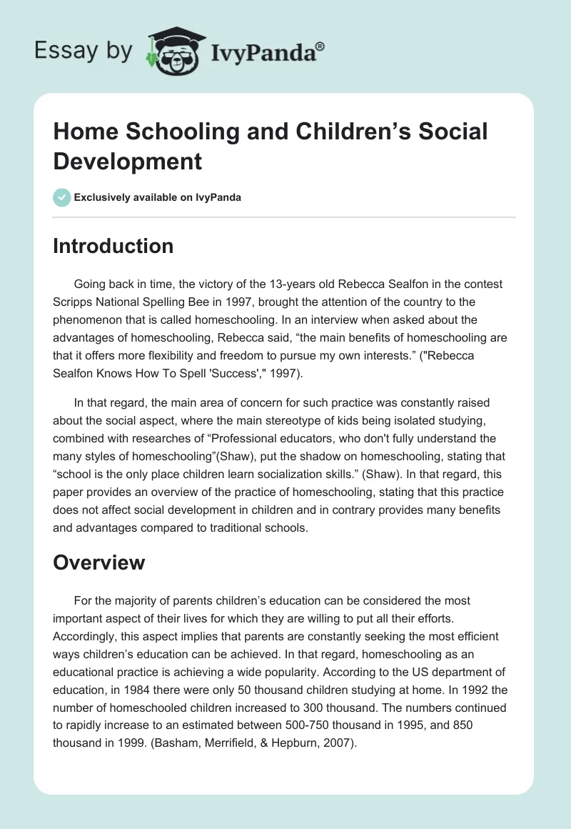 Home Schooling and Children’s Social Development. Page 1