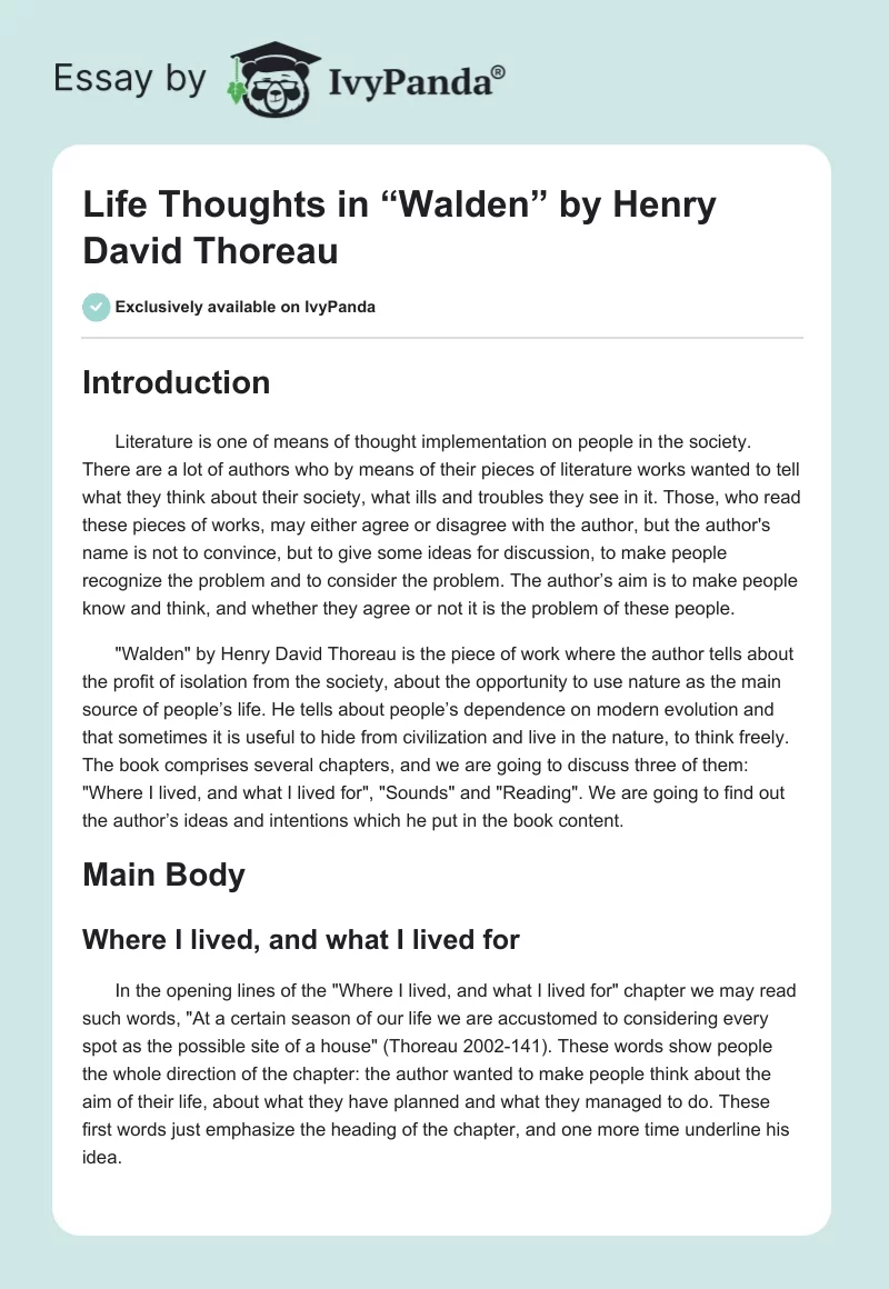 Life Thoughts in “Walden” by Henry David Thoreau. Page 1