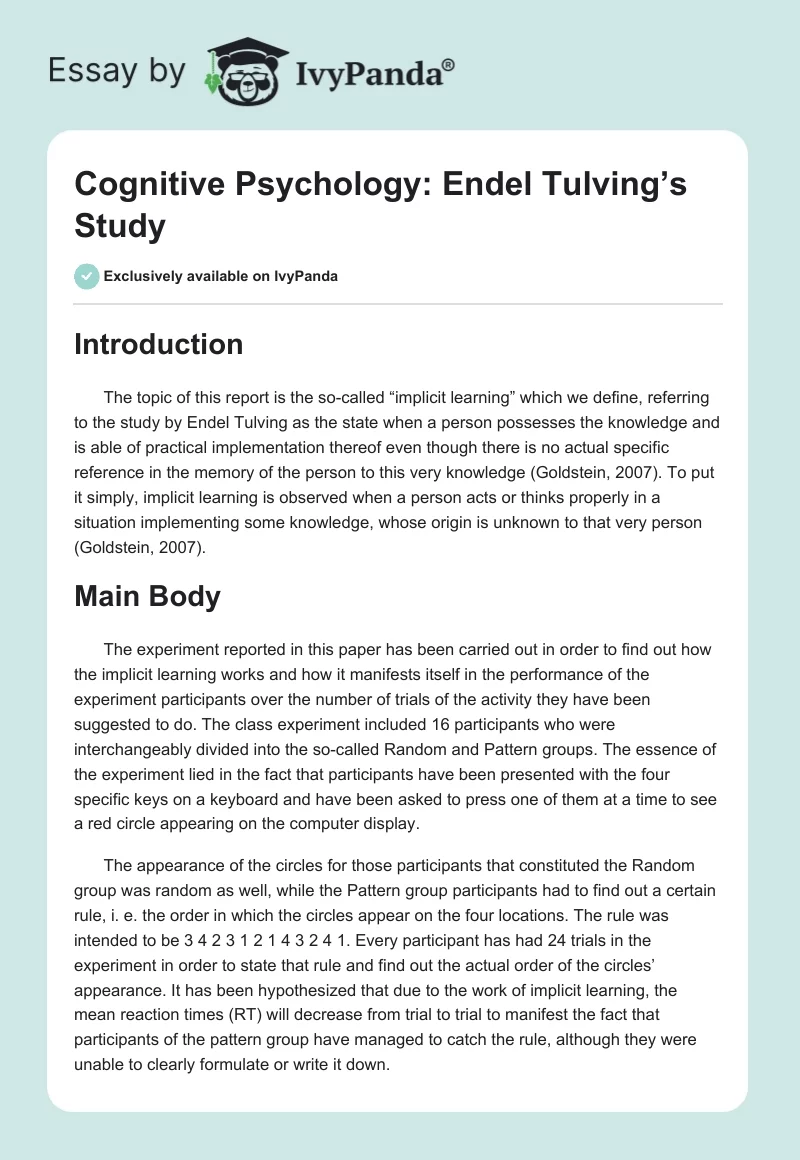 Cognitive Psychology: Endel Tulving’s Study. Page 1