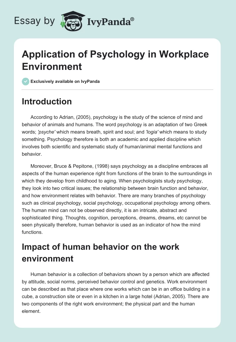 Application of Psychology in Workplace Environment. Page 1