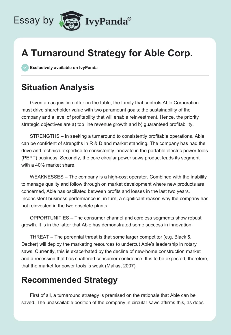 A Turnaround Strategy for Able Corp.. Page 1