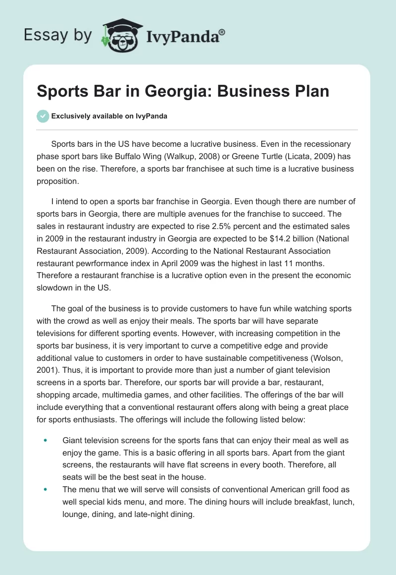 Sports Bar in Georgia: Business Plan. Page 1