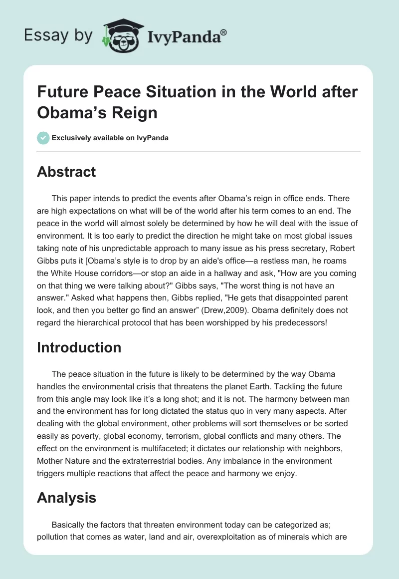 Future Peace Situation in the World after Obama’s Reign. Page 1