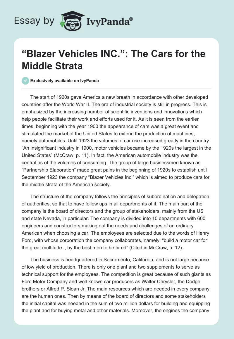 “Blazer Vehicles INC.”: The Cars for the Middle Strata. Page 1