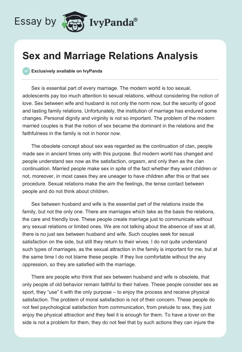 Sex and Marriage Relations Analysis. Page 1