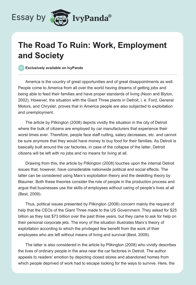 The Road To Ruin: Work, Employment and Society. Page 1