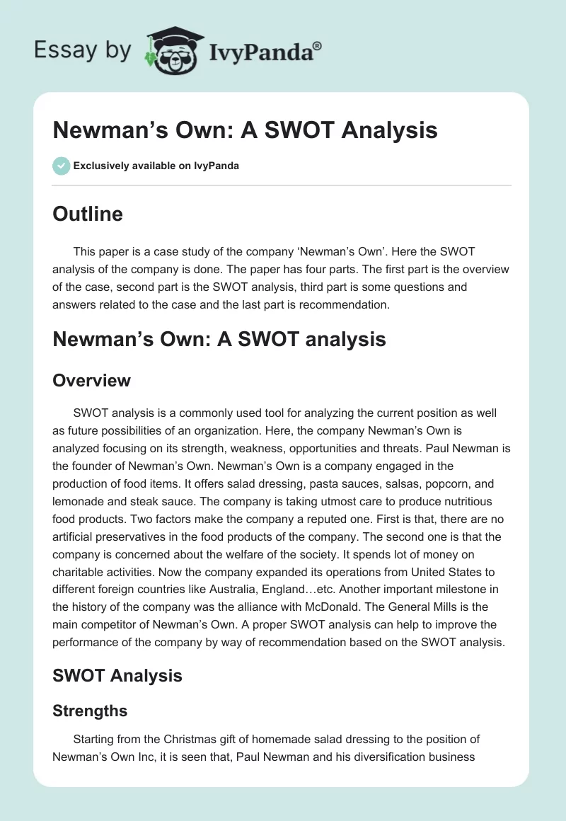 Newman’s Own: A SWOT Analysis. Page 1