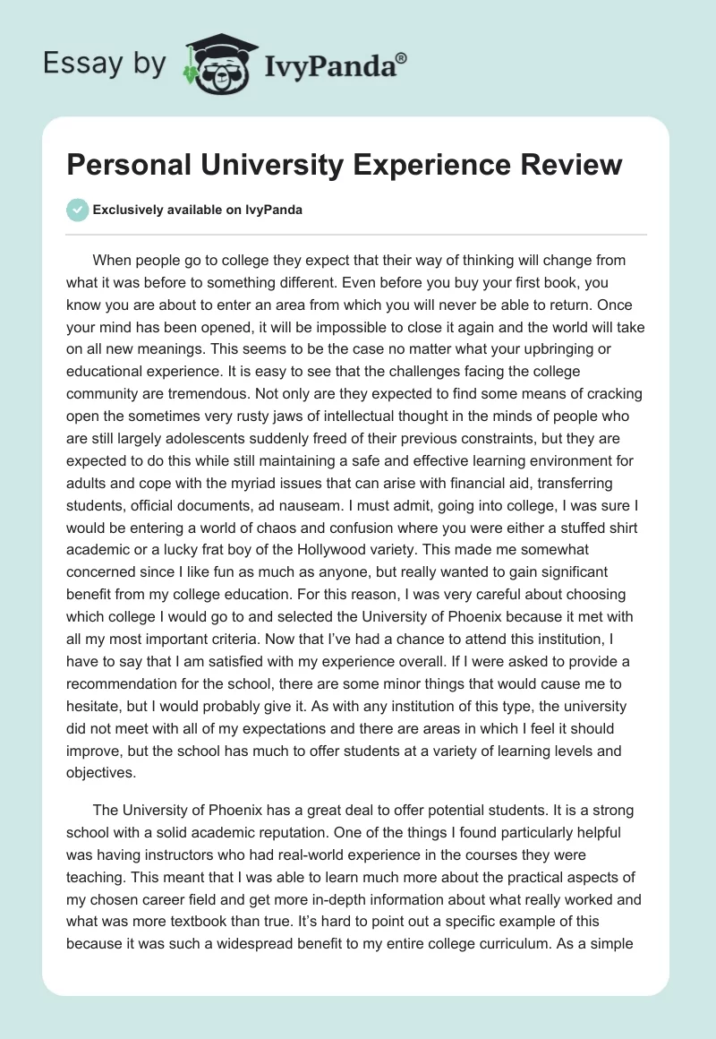 Personal University Experience Review. Page 1