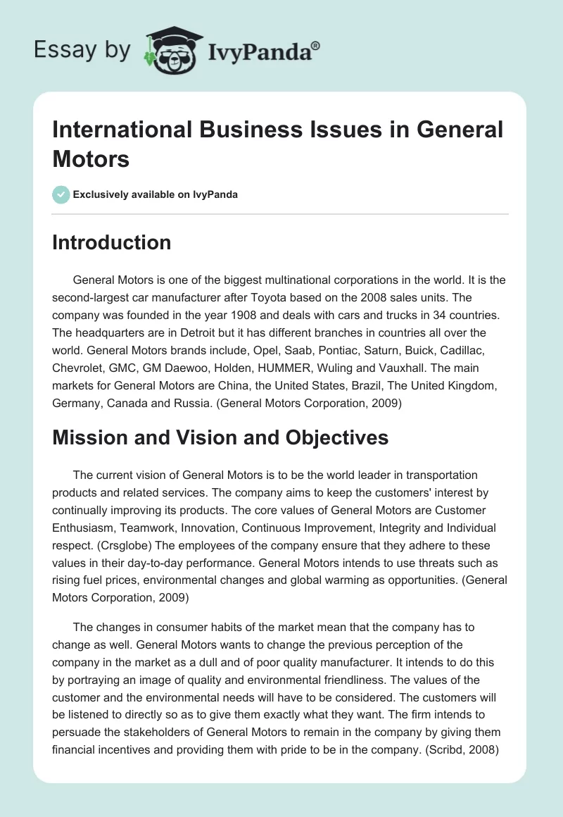 International Business Issues in General Motors. Page 1