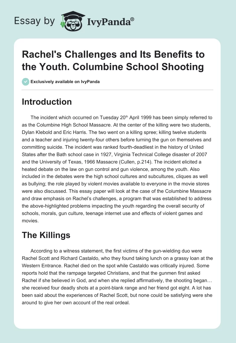 Rachel's Challenges and Its Benefits to the Youth. Columbine School Shooting. Page 1