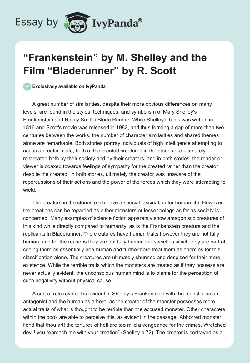 “Frankenstein” by M. Shelley and the Film “Bladerunner” by R. Scott. Page 1