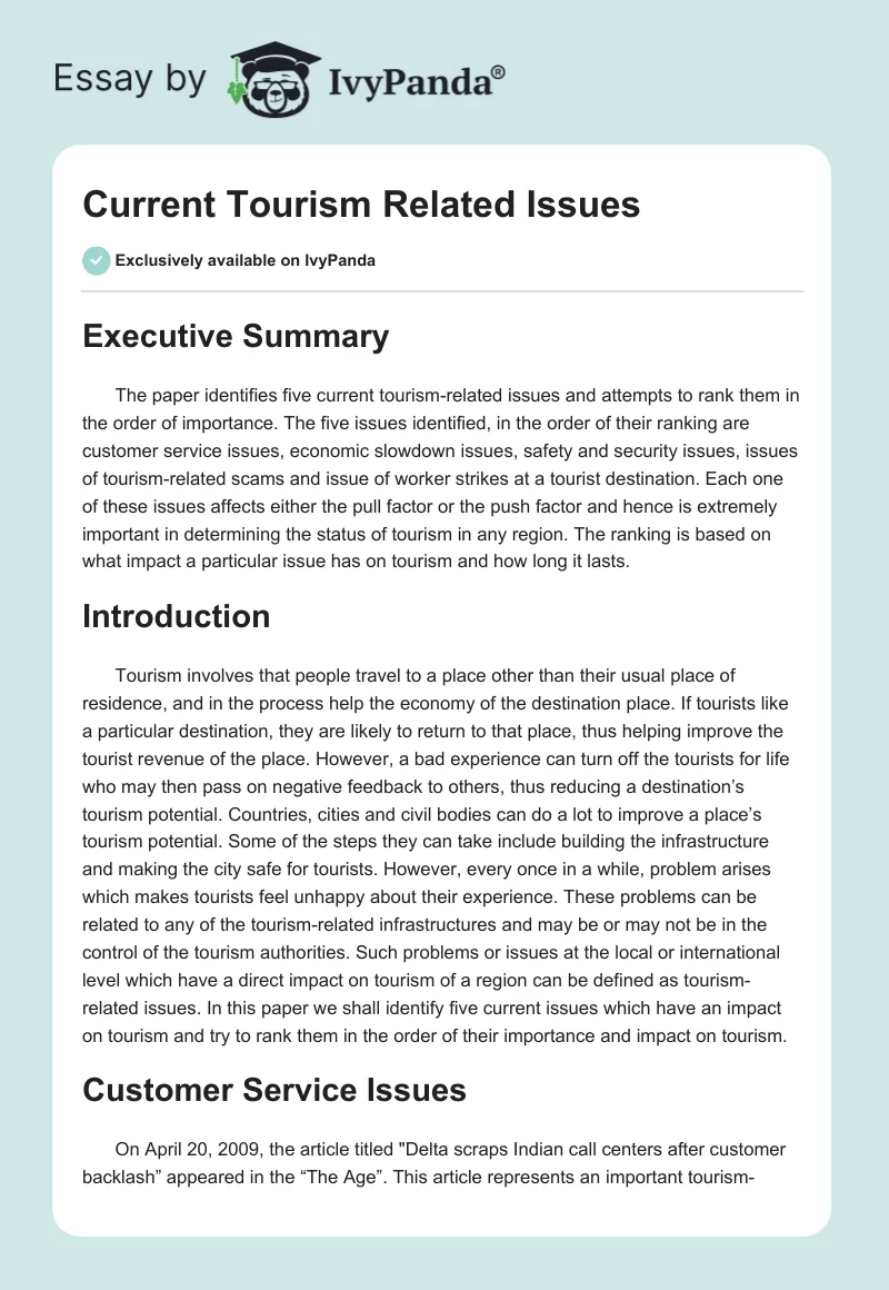 Current Tourism Related Issues. Page 1