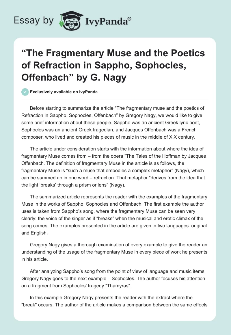 “The Fragmentary Muse and the Poetics of Refraction in Sappho, Sophocles, Offenbach” by G. Nagy. Page 1