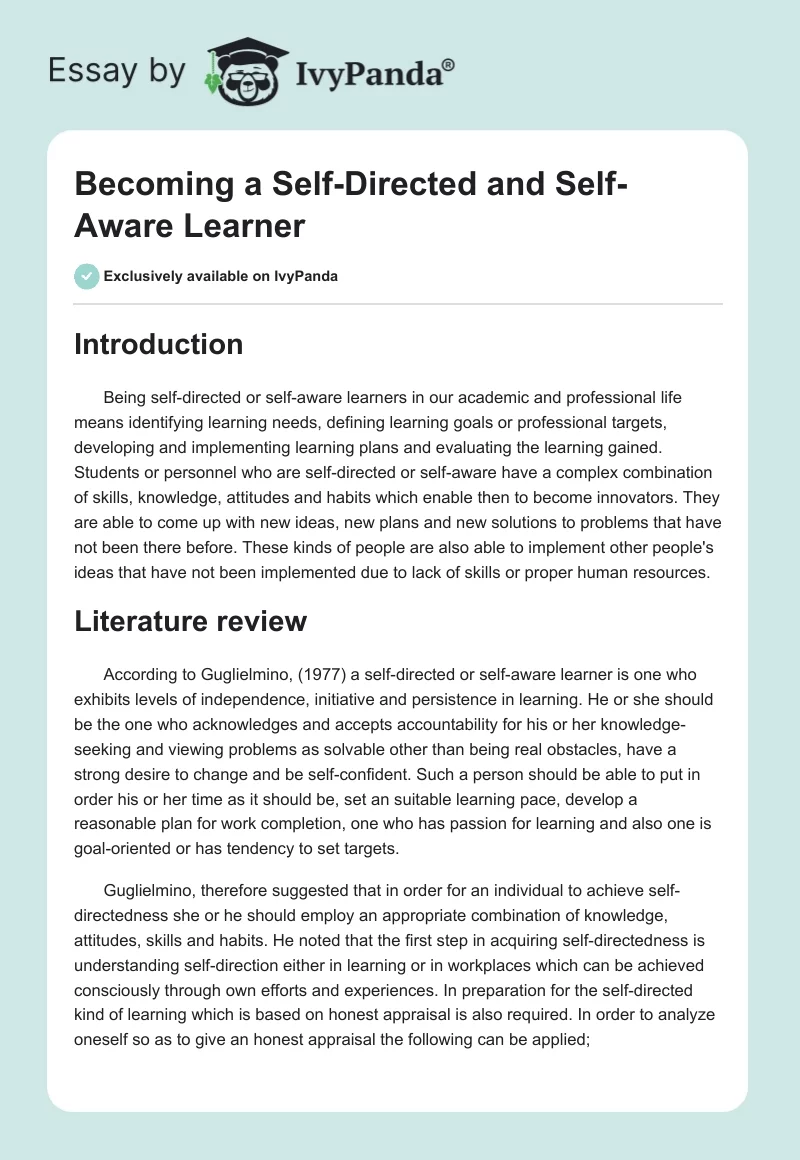 Becoming a Self-Directed and Self-Aware Learner. Page 1