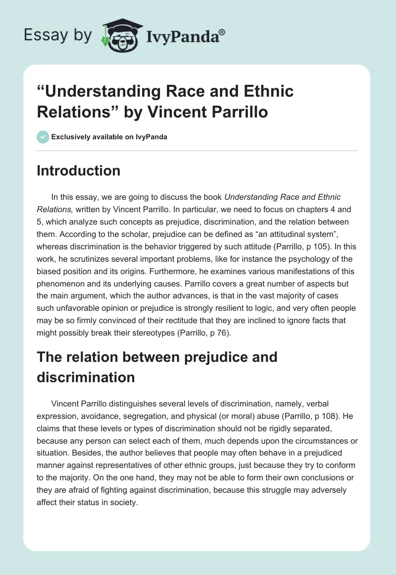 “Understanding Race and Ethnic Relations” by Vincent Parrillo. Page 1