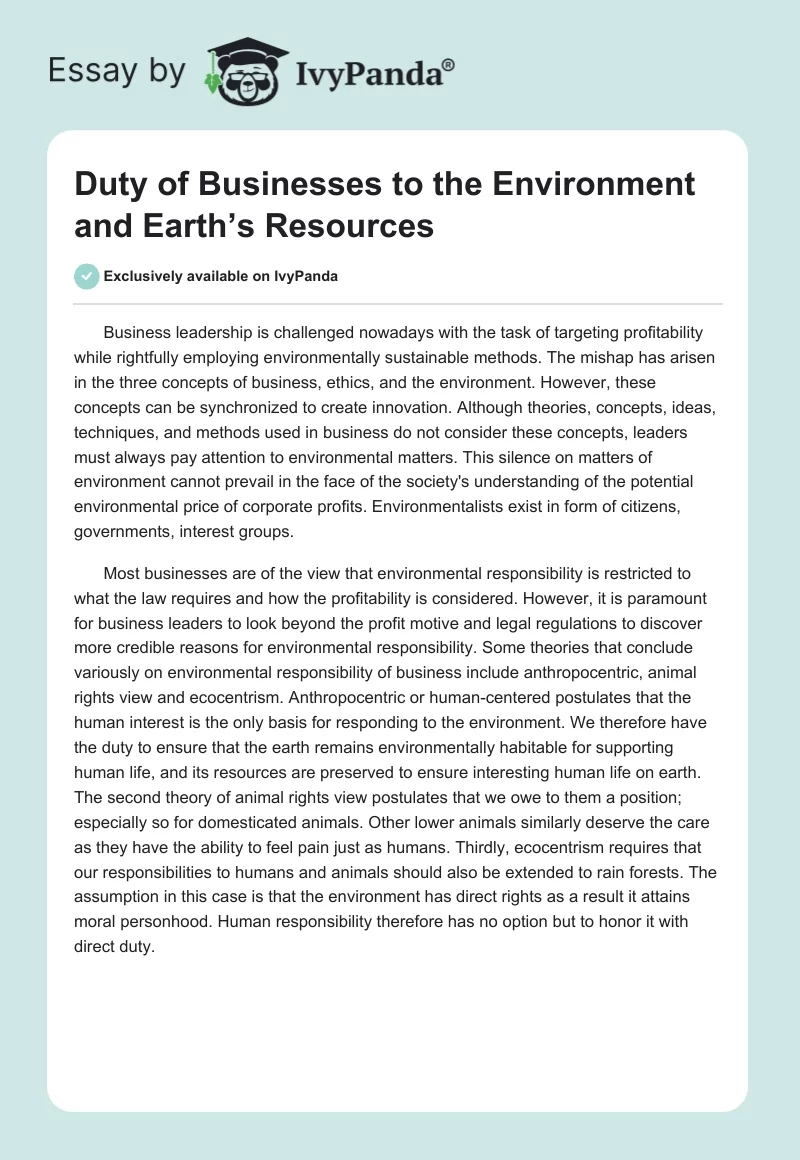 Duty of Businesses to the Environment and Earth’s Resources. Page 1