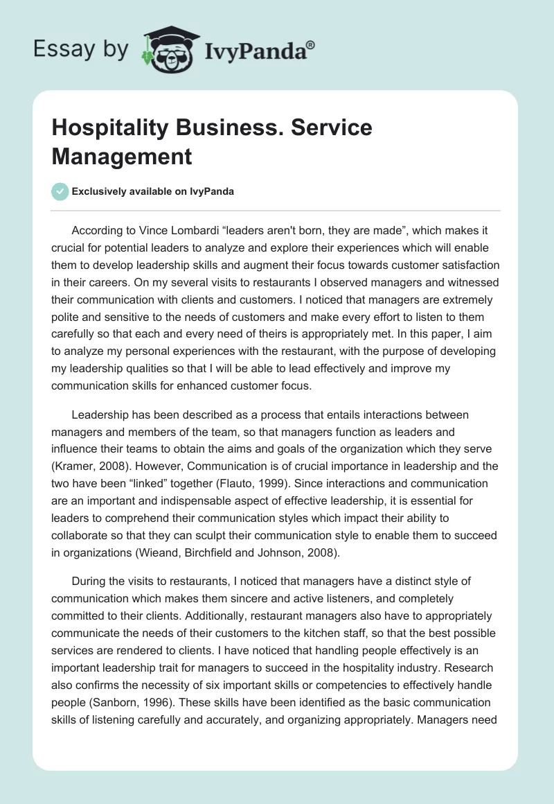 Hospitality Business. Service Management. Page 1