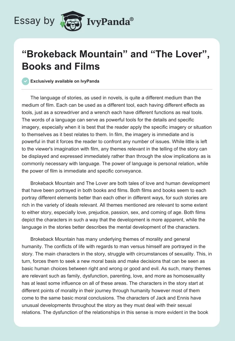 “Brokeback Mountain” and “The Lover”, Books and Films. Page 1