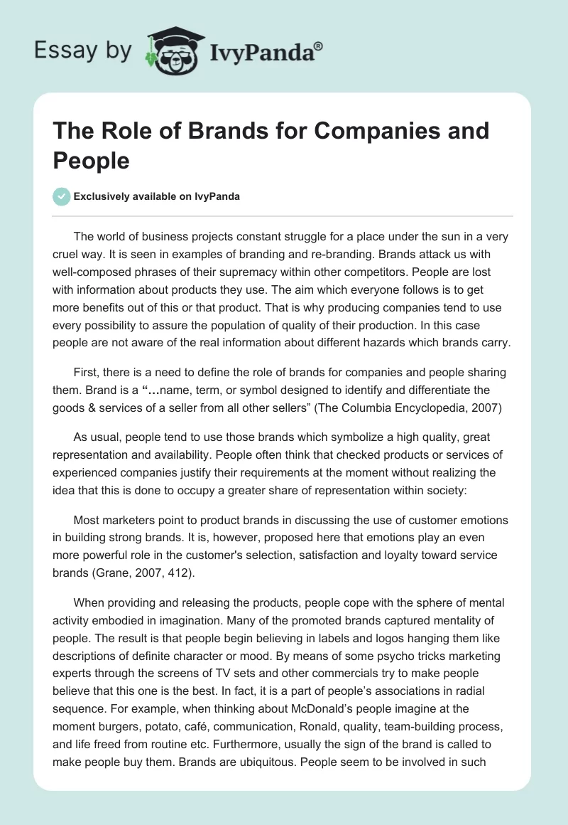 The Role of Brands for Companies and People. Page 1