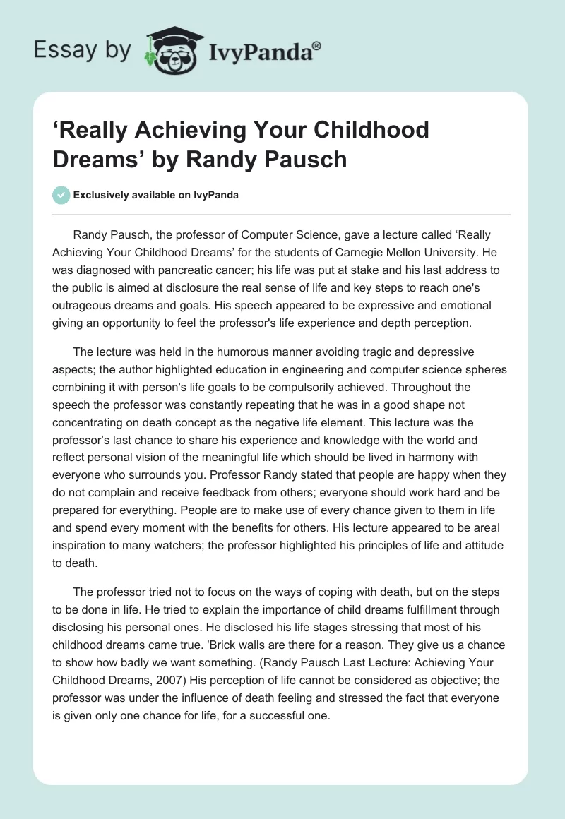 ‘Really Achieving Your Childhood Dreams’ by Randy Pausch. Page 1
