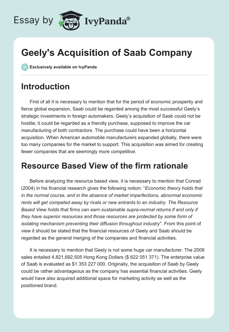 Geely's Acquisition of Saab Company. Page 1