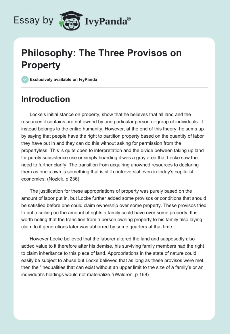 Philosophy: The Three Provisos on Property. Page 1
