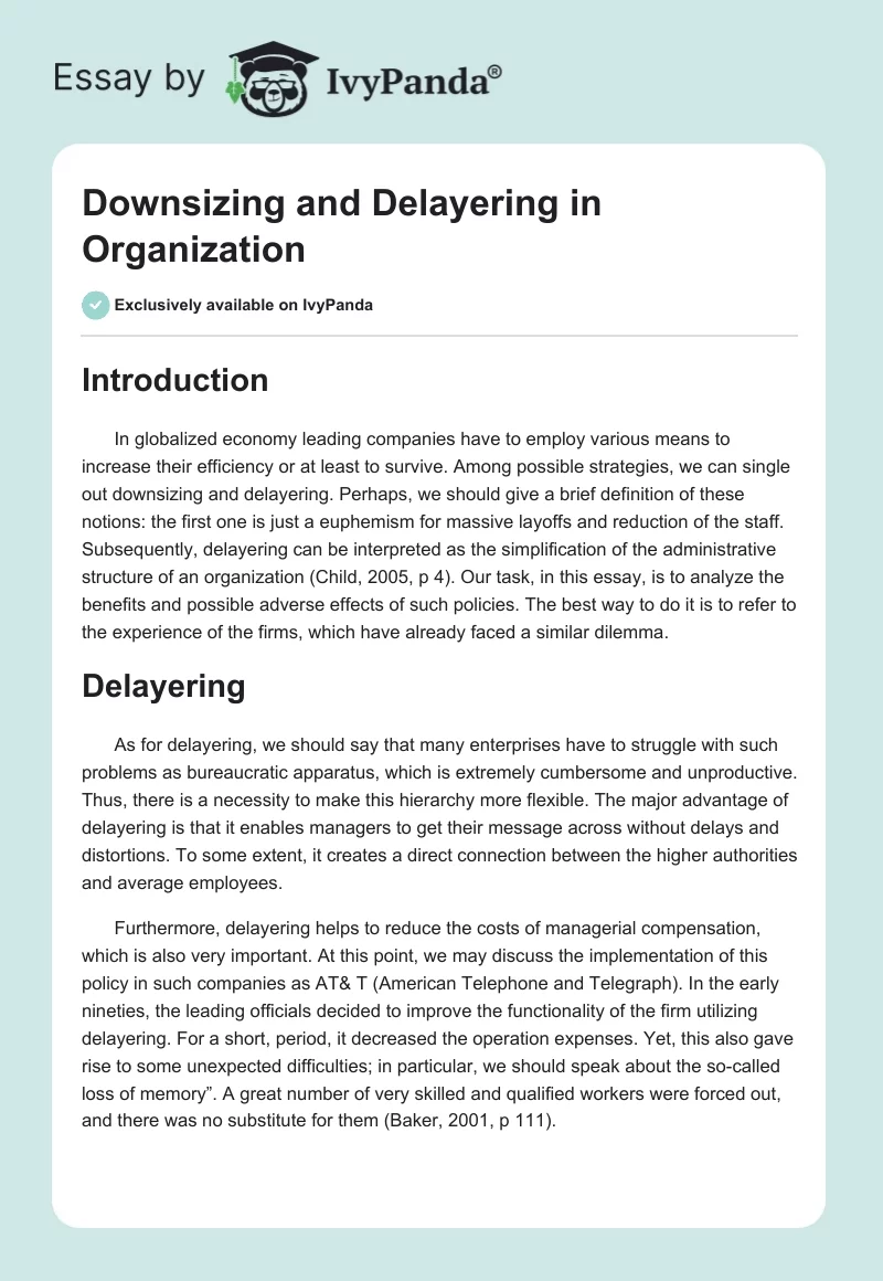 Downsizing and Delayering in Organization. Page 1