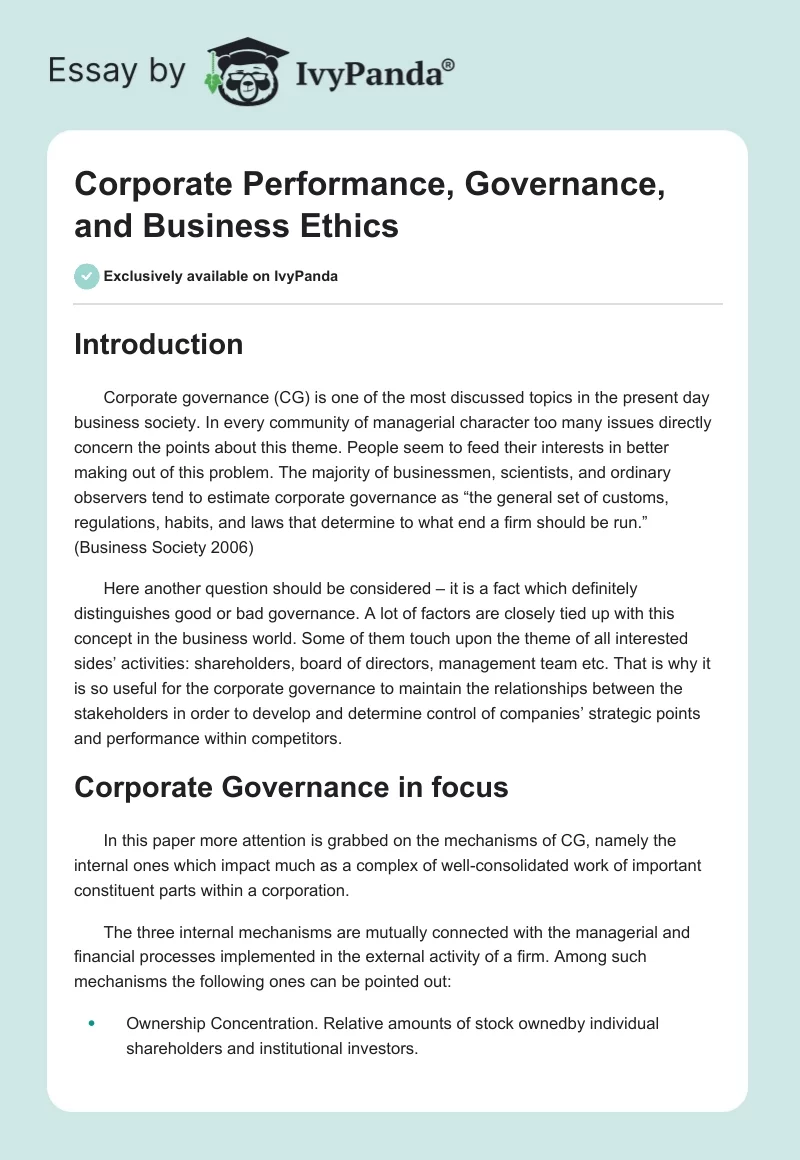 Corporate Performance, Governance, and Business Ethics. Page 1