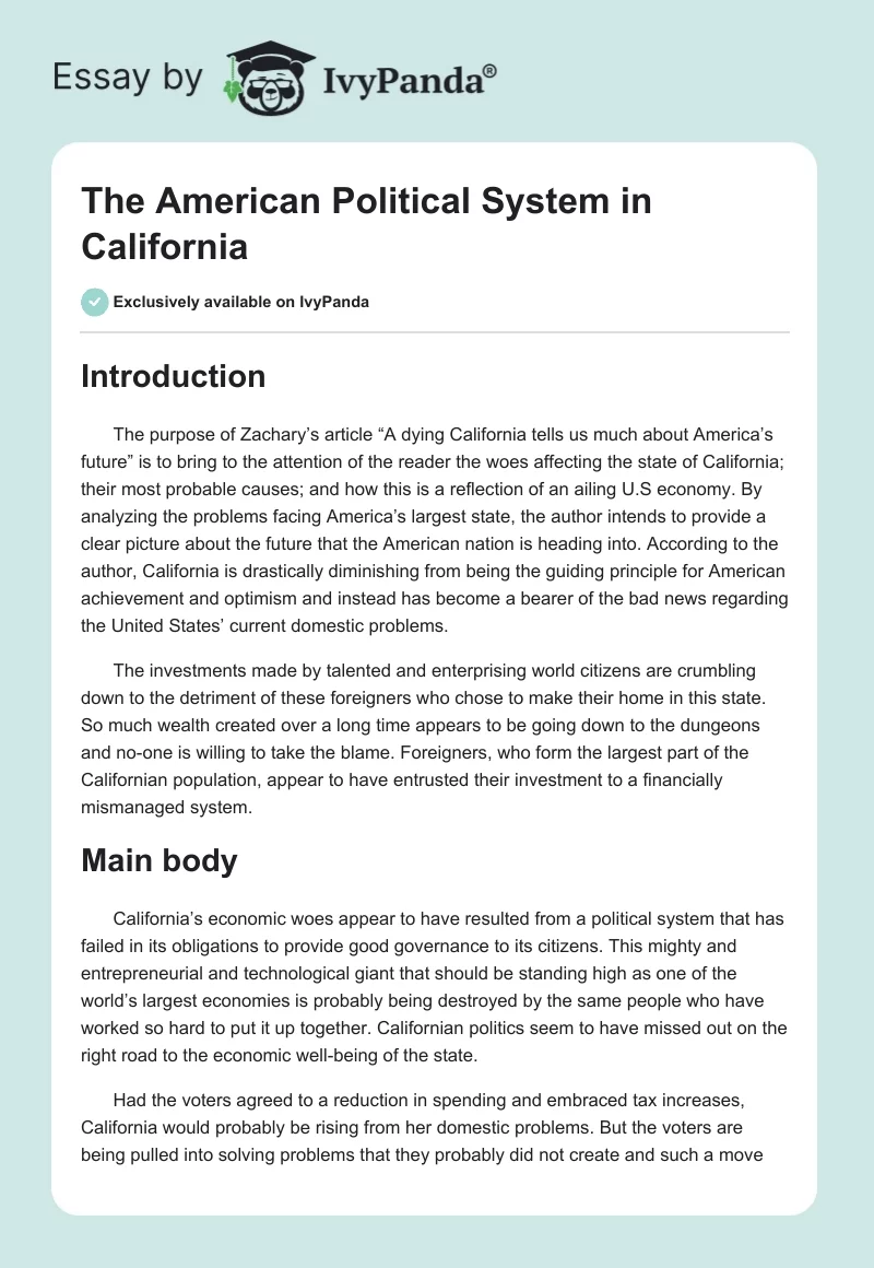 The American Political System in California. Page 1