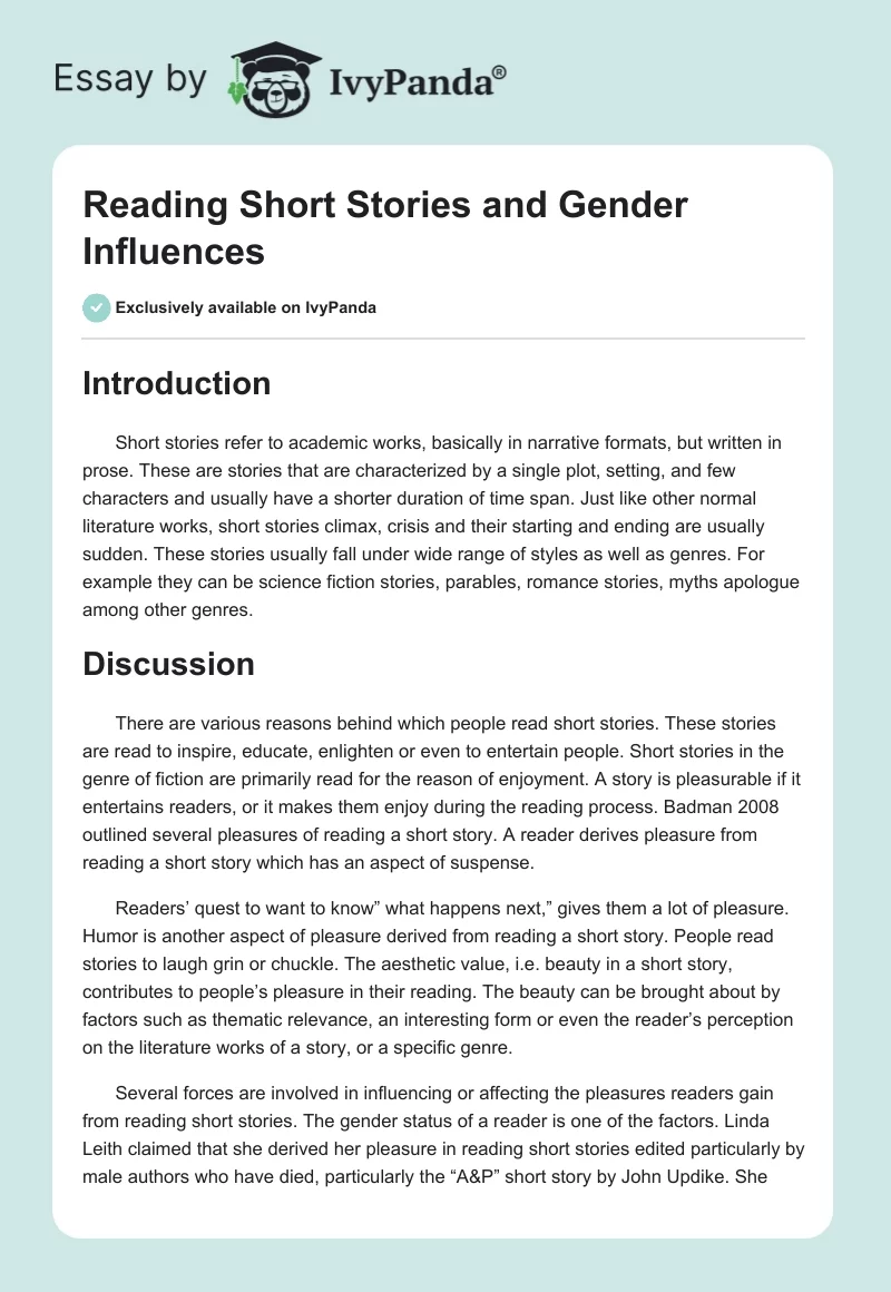 Reading Short Stories and Gender Influences. Page 1