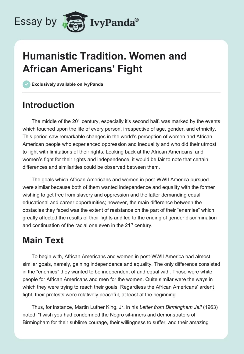 Humanistic Tradition. Women and African Americans' Fight. Page 1