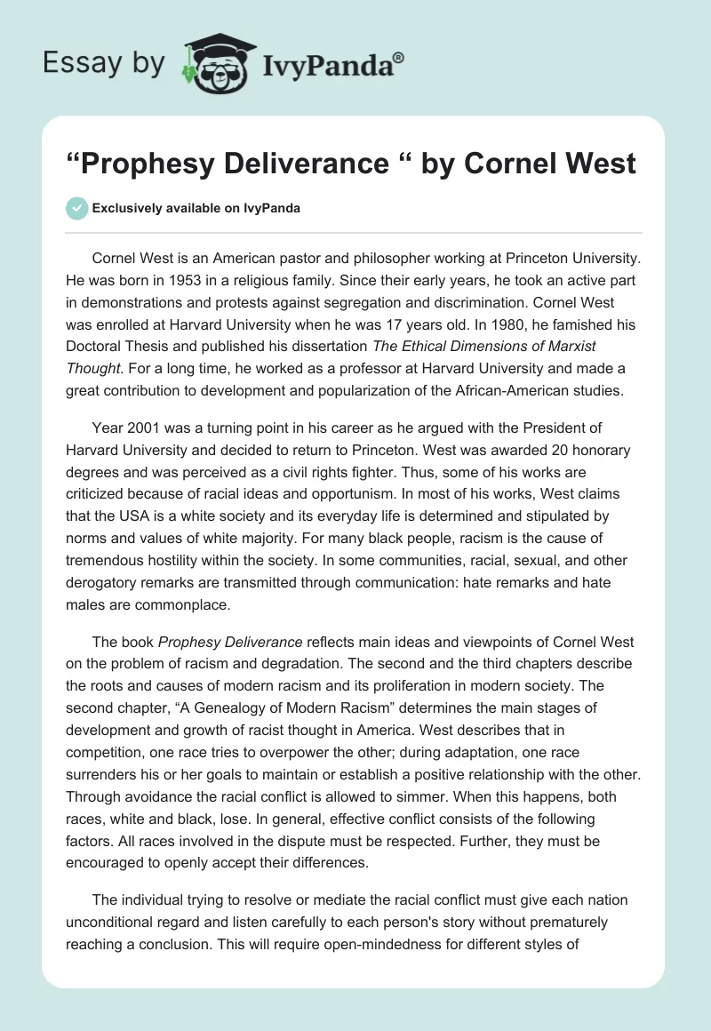 “Prophesy Deliverance “ by Cornel West. Page 1