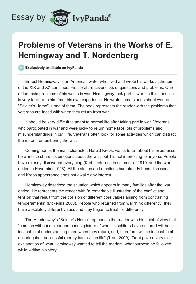 Problems of Veterans in the Works of E. Hemingway and T. Nordenberg. Page 1