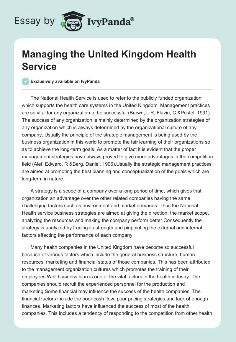 Managing the United Kingdom Health Service. Page 1