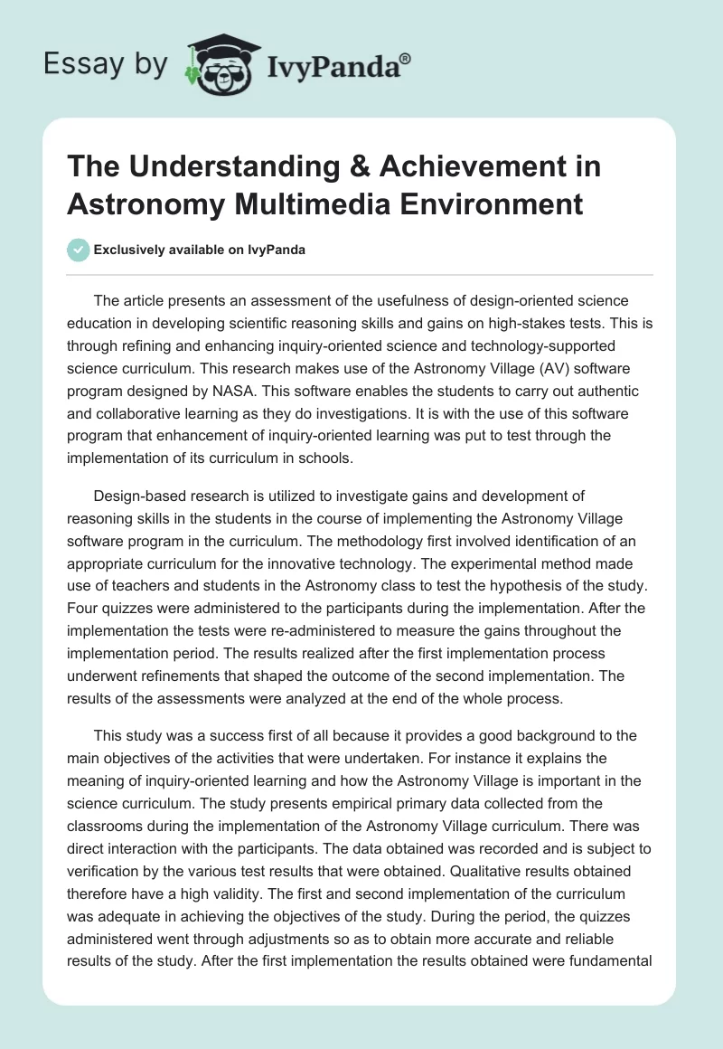 The Understanding & Achievement in Astronomy Multimedia Environment. Page 1