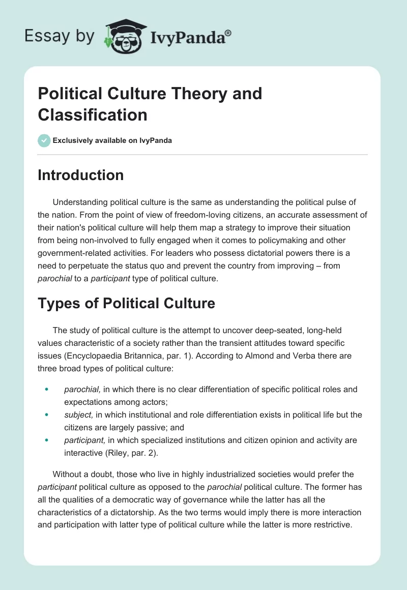 Political Culture Theory and Classification. Page 1