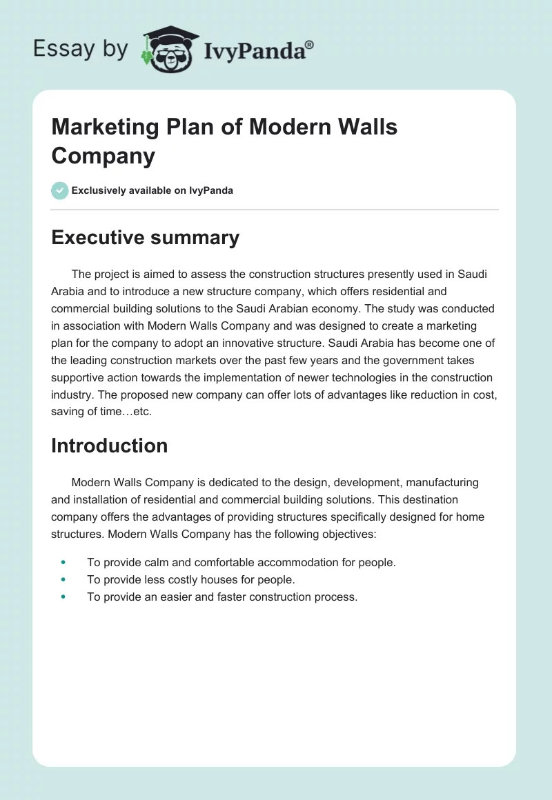 Marketing Plan of Modern Walls Company. Page 1