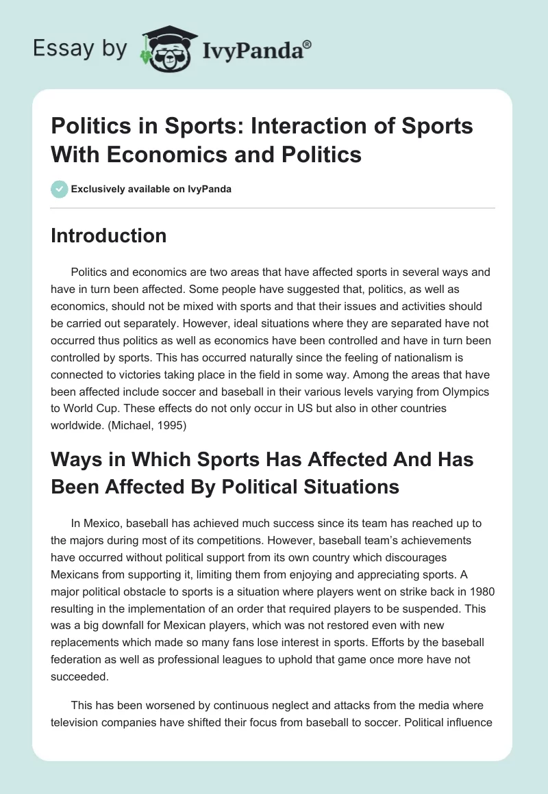 Politics in Sports: Interaction of Sports With Economics and Politics. Page 1