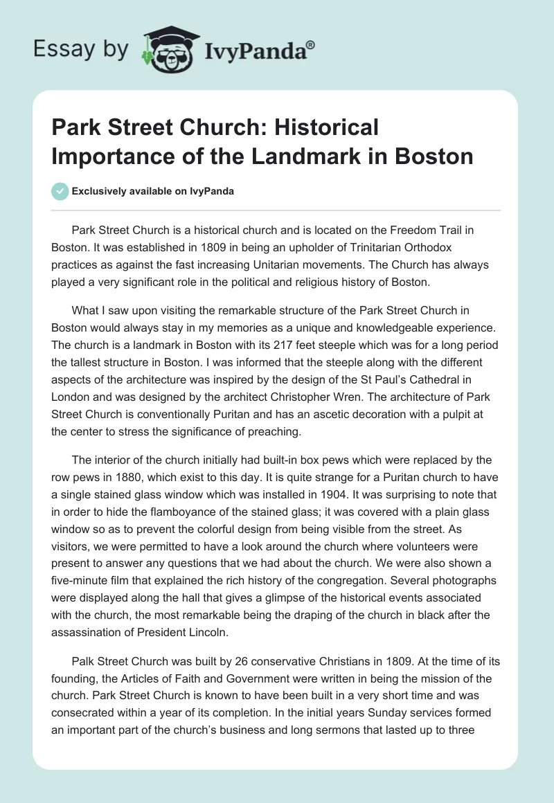 Park Street Church: Historical Importance of the Landmark in Boston. Page 1