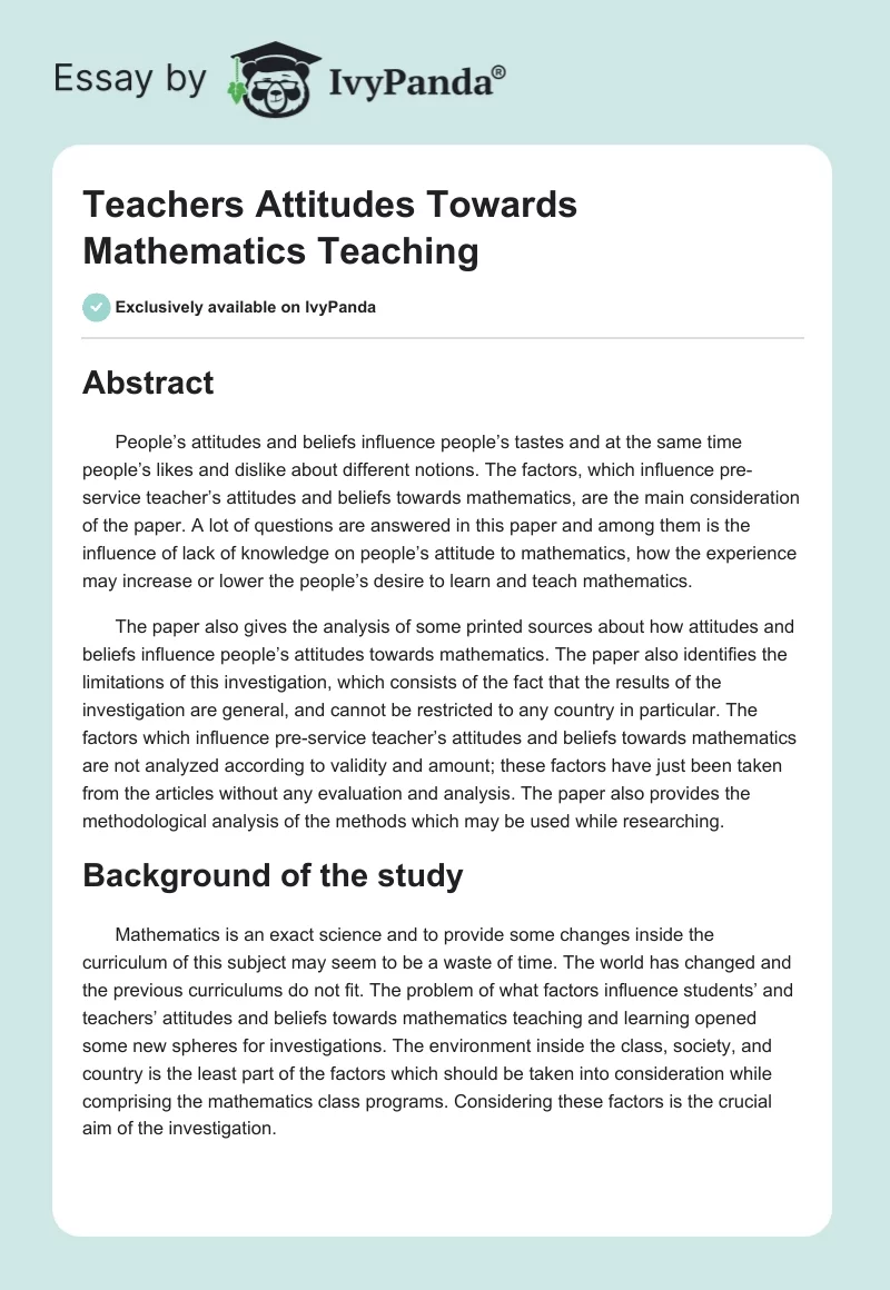 Teachers Attitudes Towards Mathematics Teaching. Page 1