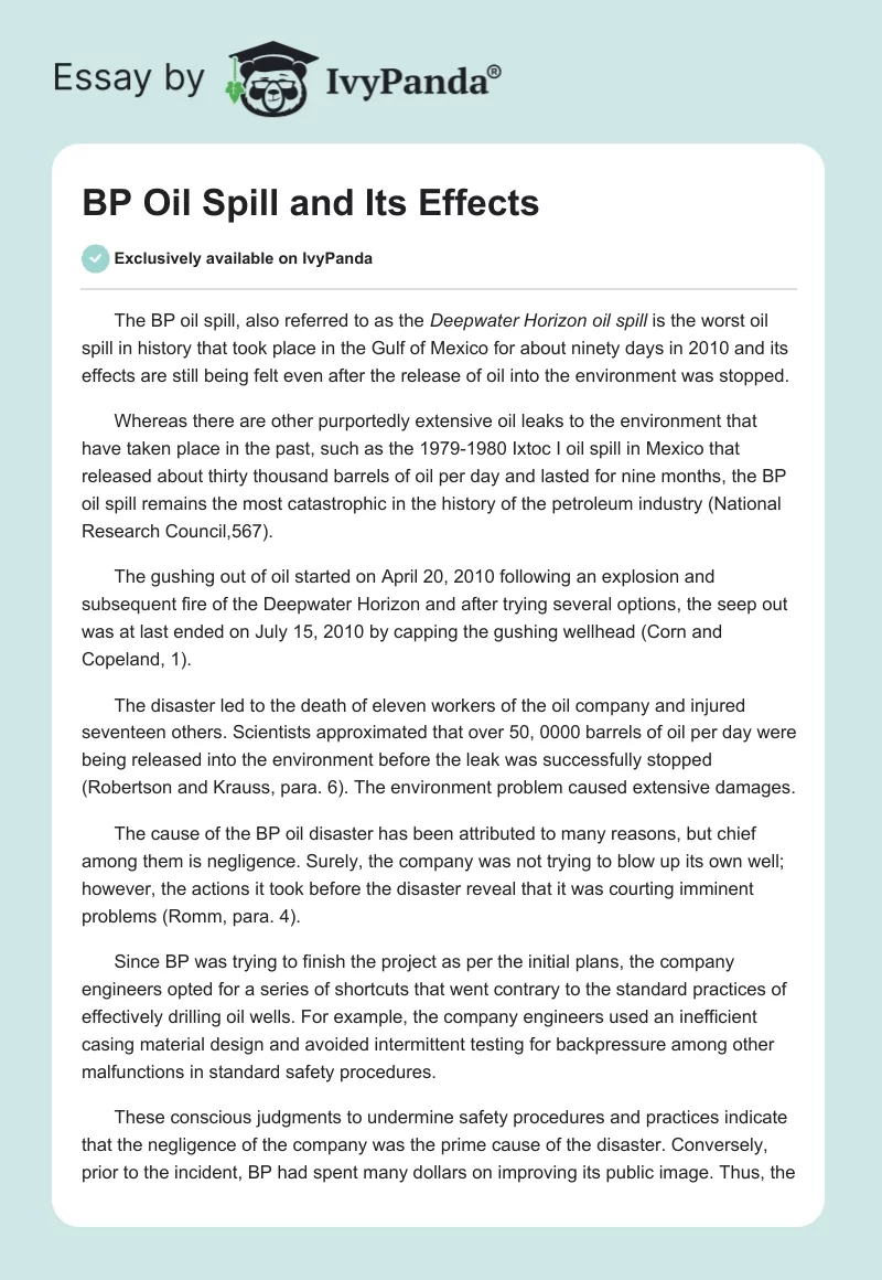 BP Oil Spill and Its Effects. Page 1