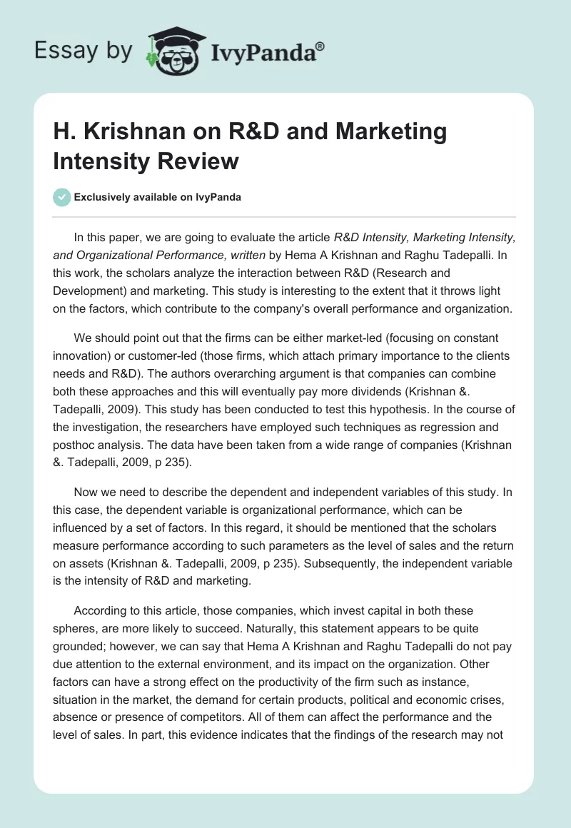H. Krishnan on R&D and Marketing Intensity Review. Page 1